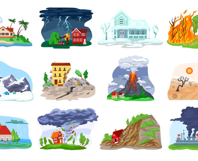 Natural disaster, catastrophe set of vector illustrations with tornado, blizzard, fire, tsunami. Hurricane, environmental crisis in nature, earthquake, volcano icons collection. Landslide with houses.
