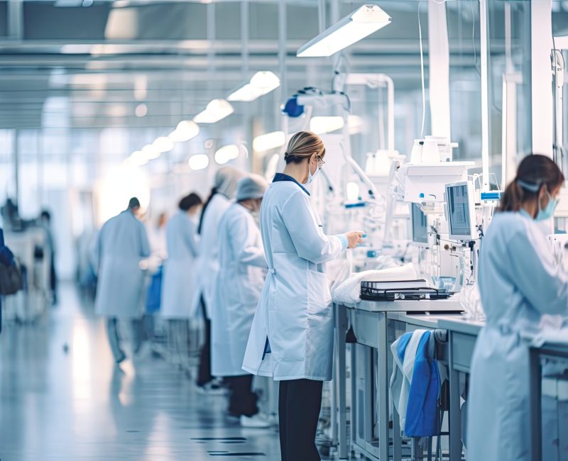 Industrial technology factory: Scientists and engineers work on modern machinery in a sterile, high-tech manufacturing plant.